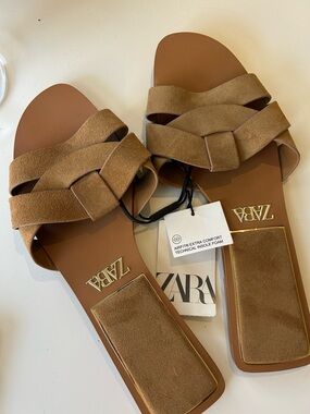 NWT Zara Cognac Brown Knotted Suede Slide Sandals size 41